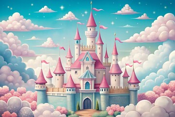 Whimsical pink and pastel-colored cartoon castle with towers, turrets, and flags, surrounded by fluffy white clouds, set against a soft blue sky with copyspace.