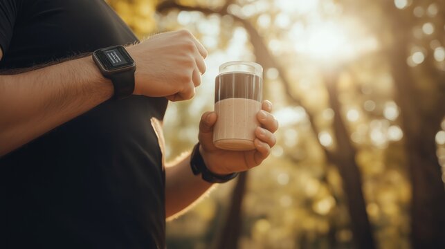 Fitness enthusiast enjoying a smoothie while checking DNA diet suggestions on a smartwatch in bright sunlight outdoors