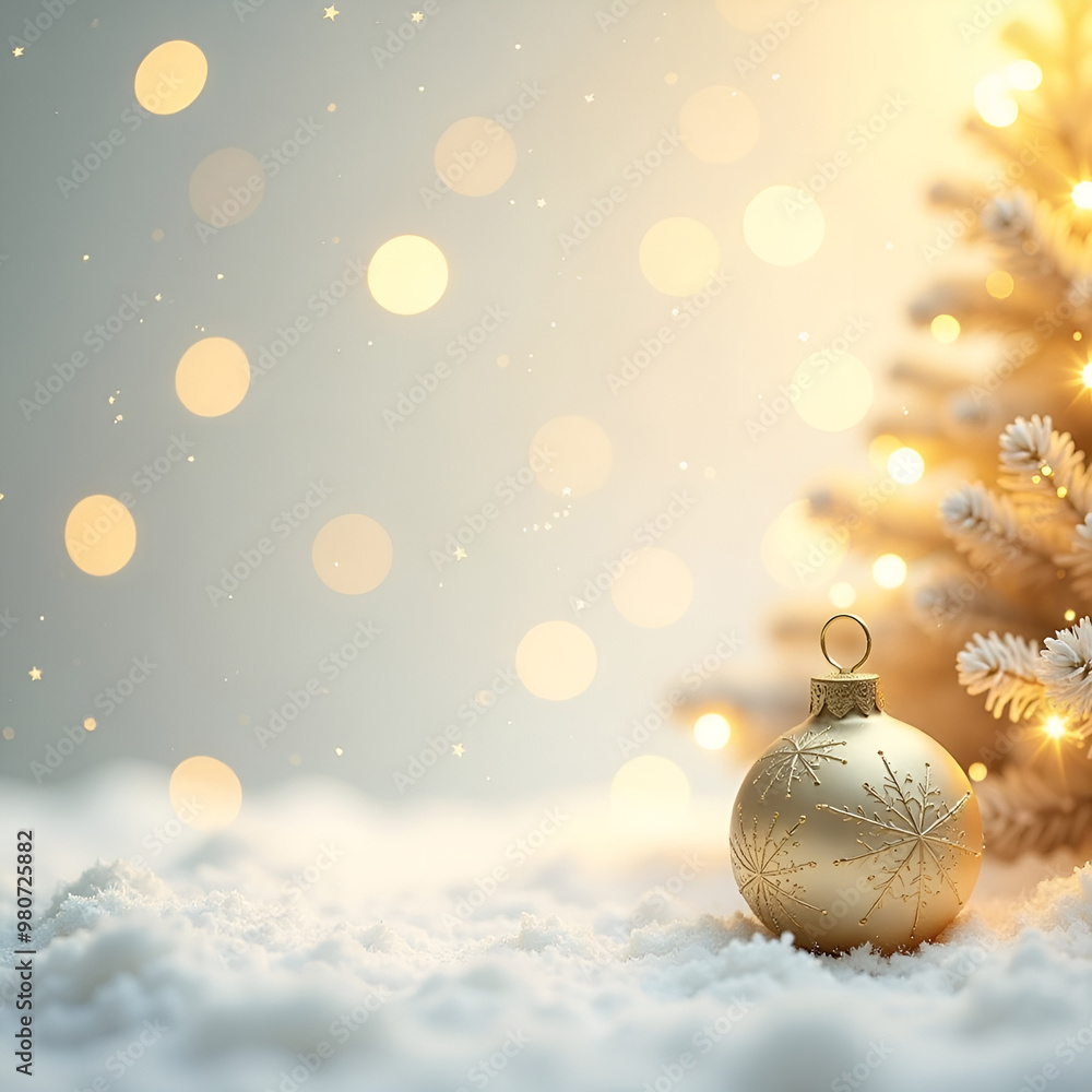 Wall mural christmas bokeh background with copy space on the left side. snow, white christmas tree and a golden