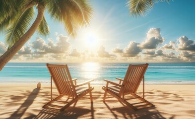 two chairs on sandy beach, sunny day color, wallpaper