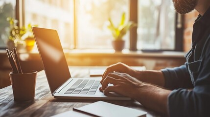 Fototapeta premium Man working on a laptop at a minimalist desk in a modern home office with natural sunlight and minimal decor