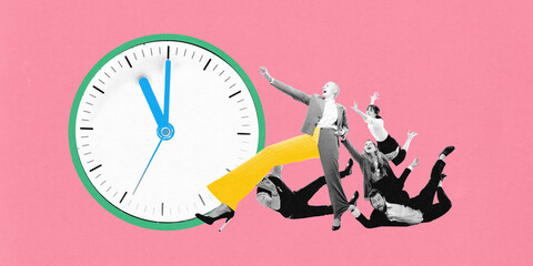 Group of people rushing towards clock, symbolizing chaotic work against deadlines. Pressure and urgency. Contemporary art collage. Concept of business, time management, deadlines, teamwork