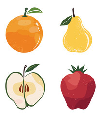 A vibrant illustration featuring an orange, pear, apple, and strawberry. Flat Vector illustration