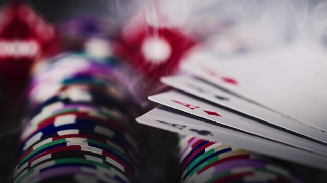Gambling Game Money Chips and Red Dices and Poker Cards in Smoke Ambiance