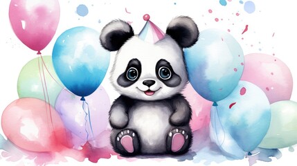 Naklejka premium cute panda bear with birthday balloons watercolor design