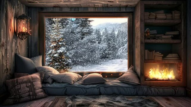Cozy interior view with pillows and fireplace, looking out through window to snowy winter forest. Seamless Looping animation.