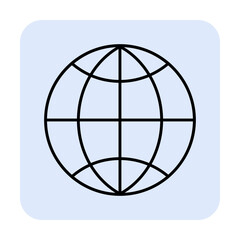Hand-drawn style black globe outlined on a light blue square. Ideal for global communication, networking, technology, international business, and geography themes. Simple, modern design.