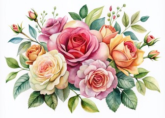 Naklejka premium Watercolor Rose Arrangements and Botanical Illustrations Isolated on White Background