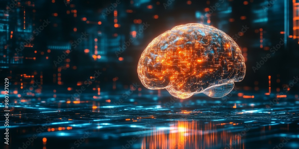 Poster a glowing orange brain with circuit board patterns.