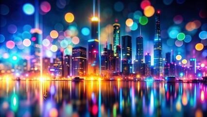 Fototapeta premium Vibrant blurred neon lights abstraction with bokeh effect creates a futuristic cityscape backdrop, perfect for tech, finance, or entertainment industry designs.