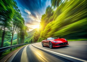Fototapeta premium A blurred sports car speeds down a winding highway, motion trails and blurry trees conveying a sense of