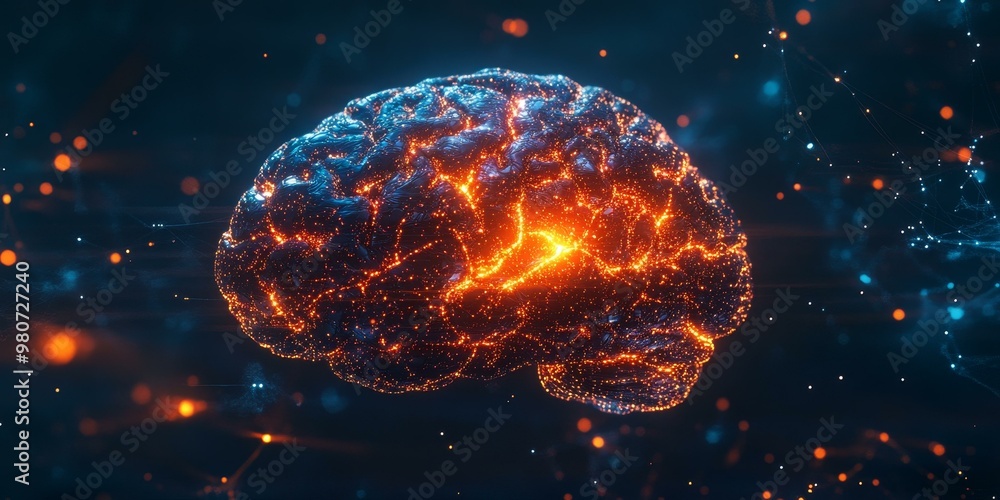 Poster glowing brain with neural connections.