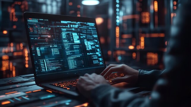 Programmer is hands on keyboard writing source code, on screen monitor showing writing code