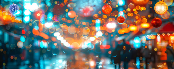Blurred view of city street with festive lights at night. Abstract defocus background with christmas bokeh lights on streets decorated for christmas in european city in December