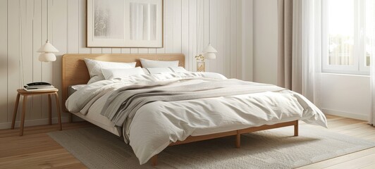 Obraz premium Bedroom with double bed, white light interior design