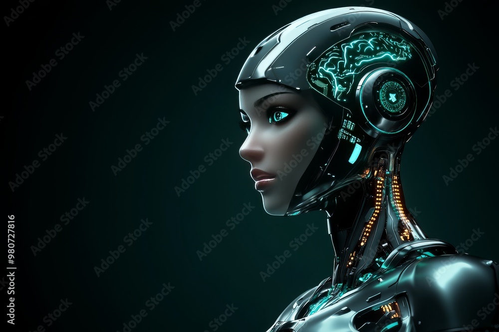 Aufkleber robotic female profile with exposed neural systems representing the convergence of human cognition a