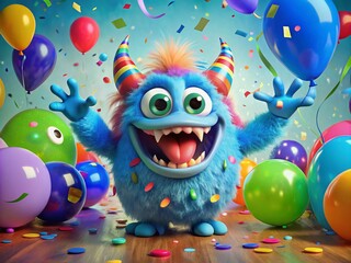 A bright blue, goofy-eyed cartoon monster with sharp teeth and horns, surrounded by colorful confetti and balloons,