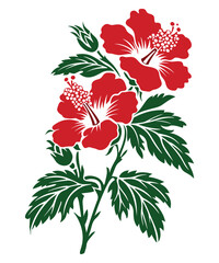 Two red hibiscus flowers with green leaves on a white background. Vector illustration