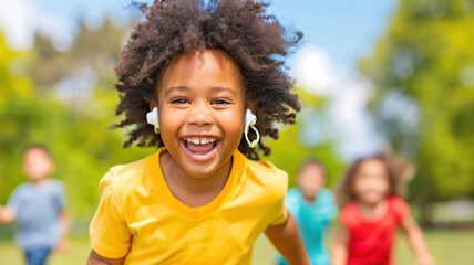 Happy child with curly hair wearing hearing aid running in park with friends