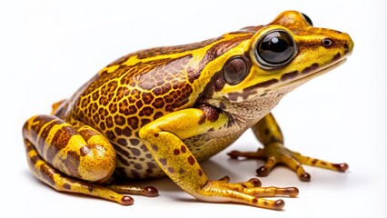 Obraz premium Vibrant yellow and brown patterned frog sits poised against a pure white background, showcasing its intricate details and striking coloration in high definition.
