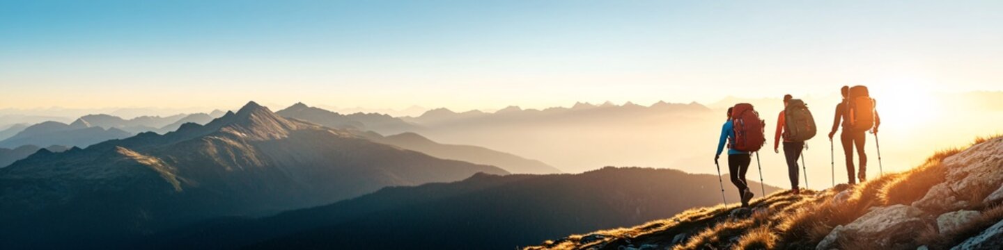 hikers trekking in mountain range during sunset