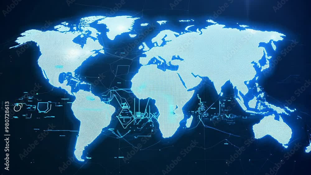 Poster glowing digital world map with futuristic data overlays, showcasing global connectivity and technolo