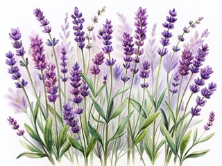 Delicate watercolor lavender flowers in soft purple hues bloom beautifully against a crisp white background, creating a serene and calming vector illustration.