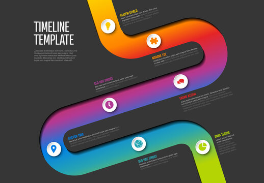 Thick line Infogrpahic timeline diagram template with buttons icons and description on dark background