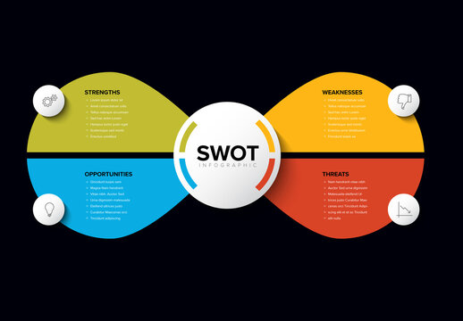 Vector simple SWOT illustration template with color blocks on black background
