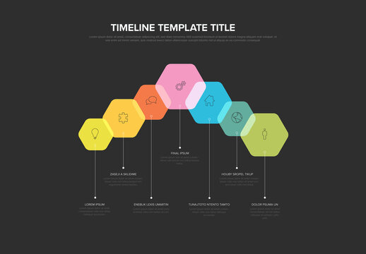 Seven steps in rainbow hexagons infographic template for process description on dark background