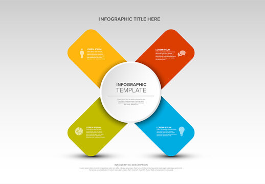 Multipurpose template with four crossed stripes and big circle in the middle with icons and text placeholders