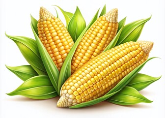 A bundle of juicy golden corn ears with fresh green leaves isolated on a white background, created in