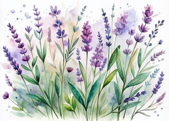 Obraz premium Soft, dreamy watercolor illustration of lavender flowers and leaves in pastel shades, scattered on a white background with gentle, whimsical brushstrokes.