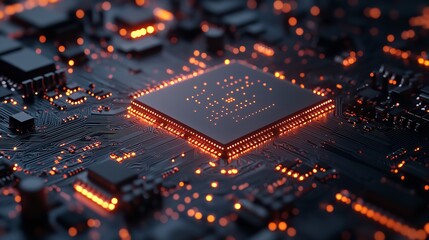 Circuit Board CPU Processor Microchip Digitizing Neural Networking and Cloud Computing. Data is moved along digital lines.