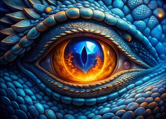 Fototapeta premium Vibrant blue iris of a mythical dragon's eye, surrounded by scaly skin and fiery pupils, gazing intensely with ancient wisdom and mystical power.