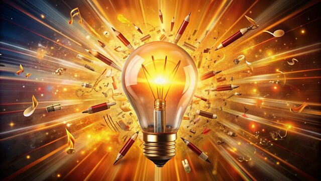 Vibrant sunburst radiates from a glowing lightbulb surrounded by scattered notes and pencils, symbolizing innovative thinking and artistic inspiration in a warm, golden atmosphere.
