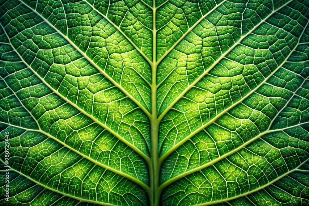 Poster vibrant green leaf's intricate symmetrical pattern is showcased in a stunning macro shot, with ample