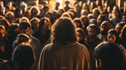 Christian worshippers gathered around Jesus, listening intently to his teachings