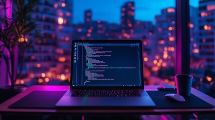Computer monitor showing programming code on desk in cozy room