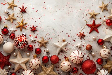 christmas decorative background with golden stars and red ornamental balls on concrete surface top view with copy space