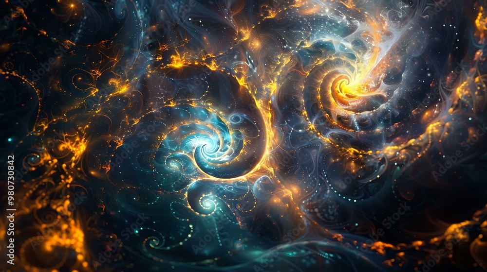 Poster glowing neon fractal spirals intersecting with galactic elements, blending abstract shapes with the 
