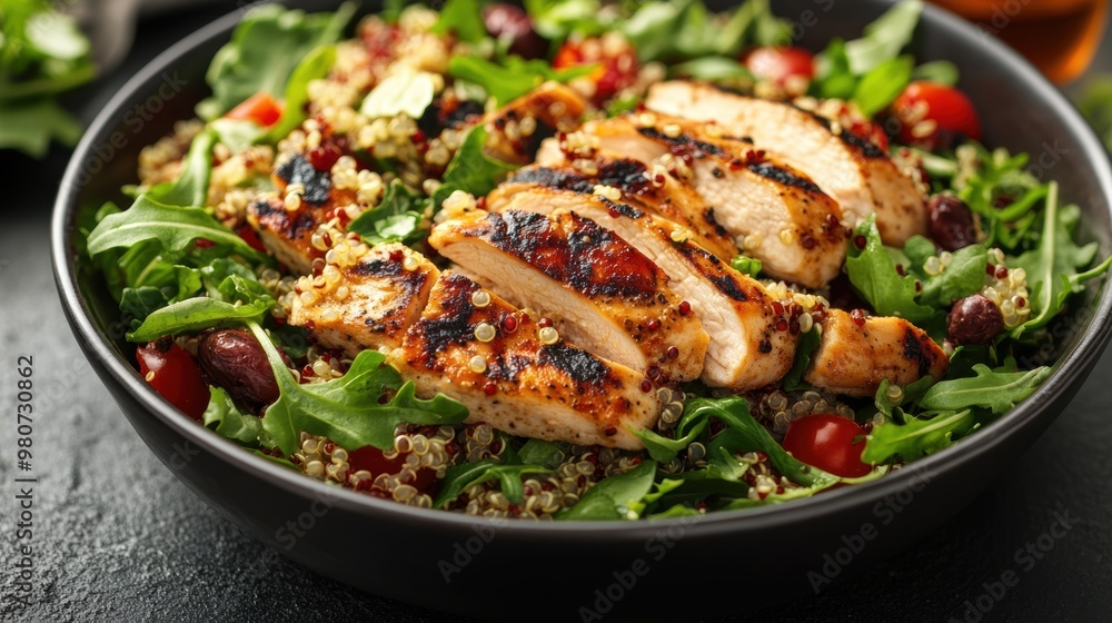 Canvas Prints promote a healthy meal with quinoa salad, grilled chicken, and mixed greens a protein-packed option for your menu