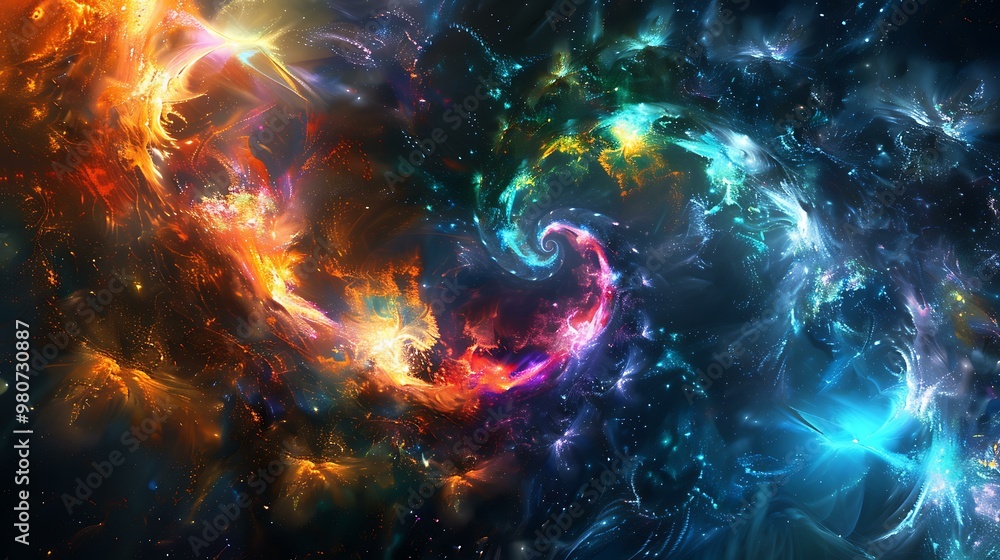 Poster glowing neon fractal spirals intersecting with galactic elements, blending abstract shapes with the 