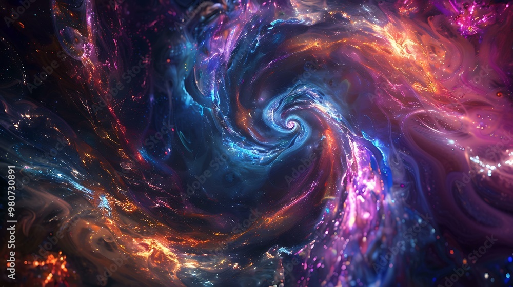 Poster glowing neon fractal spirals intersecting with galactic elements, blending abstract shapes with the 