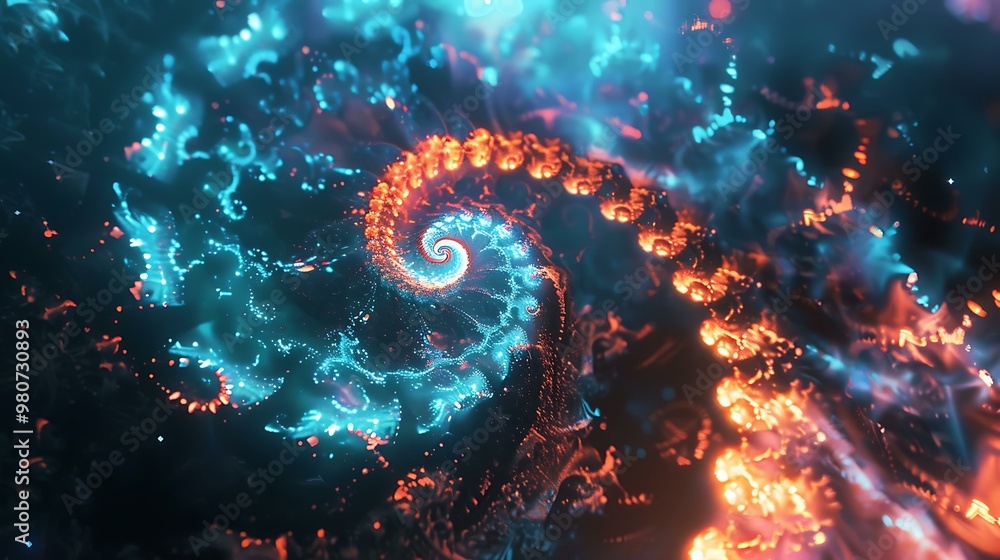 Poster glowing neon fractal spirals intersecting with galactic elements, blending abstract shapes with the 