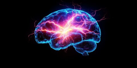 Neon brain with pink and blue lightning bolts.
