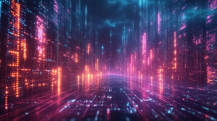 Fototapeta premium Nighttime view of a technologically advanced city with sleek, illuminated skyscrapers. Premium background for the latest technology needs.