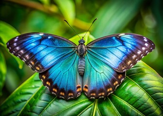 A close-up of a delicate, intricately patterned butterfly perched on a bright green leaf, its iridescent blue wings