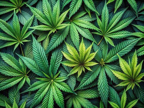 Vibrant green cannabis leaves unfold in a seamless repeating pattern, showcasing the plant's intricate details and textured veins in a mesmerizing natural design.