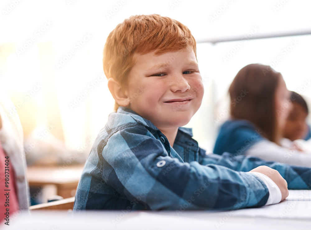 Aufkleber Portrait, smile and boy in classroom for lesson in growth, child development and notebook for education. Happy, learning and face of student with exam notes, knowledge and study at elementary school